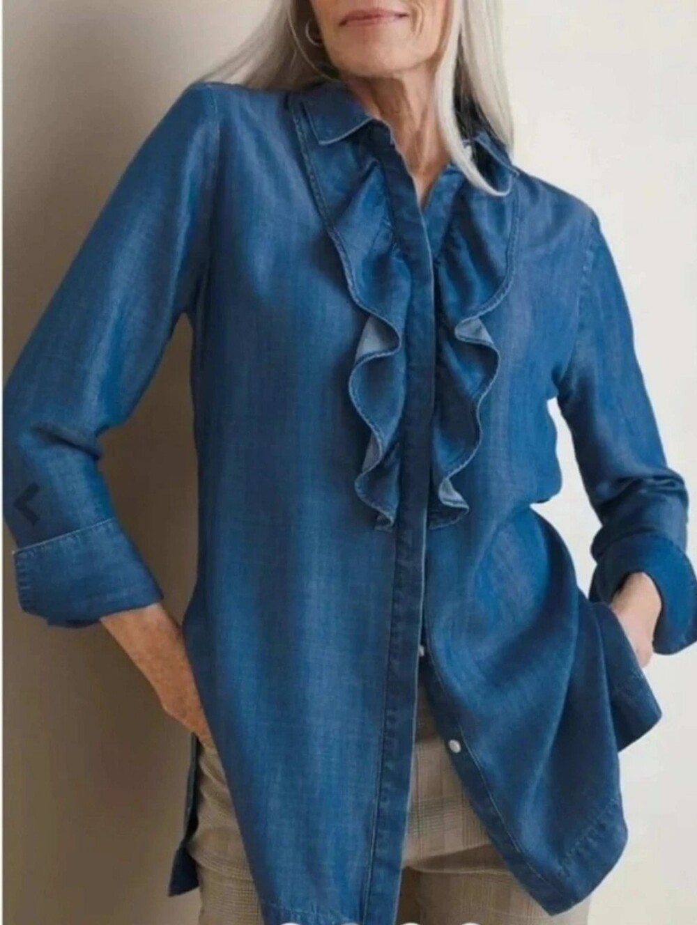 NEW Chico's Blue Chambray Ruffle Button Up Chest Tunic Blouse Top Size 3, 16/18